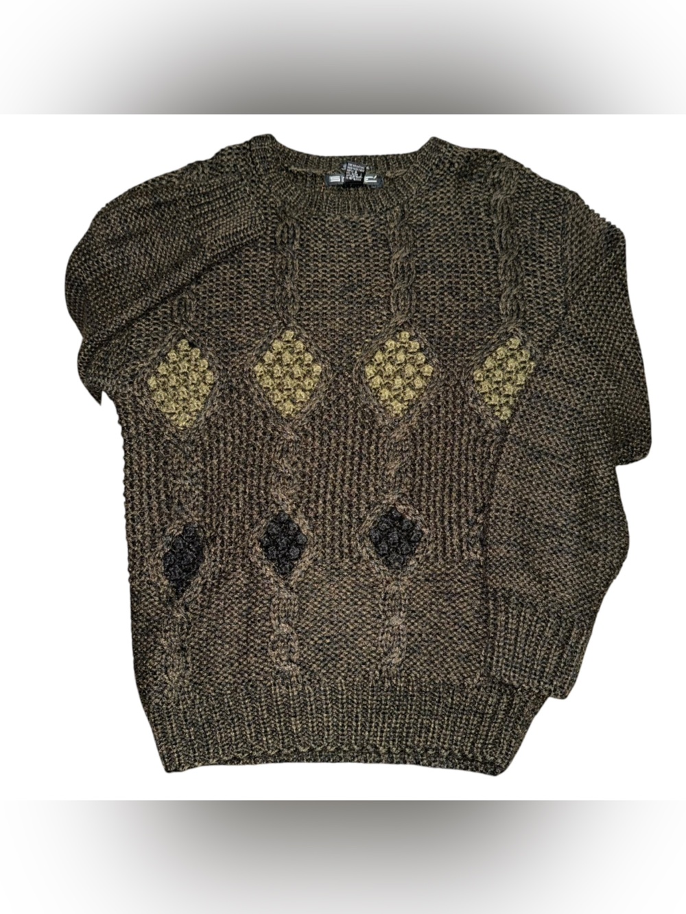 Vintage Sole Men's Handmade Brown Olive Green Chunky Cable Knit Sweater Small